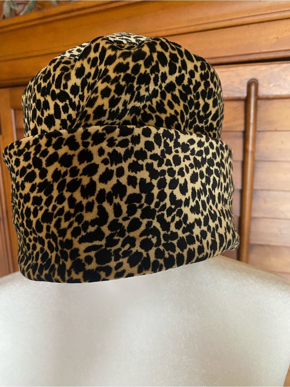 Leopard Print Fold-Over Beanie Hat - Black & Tan. No tags.